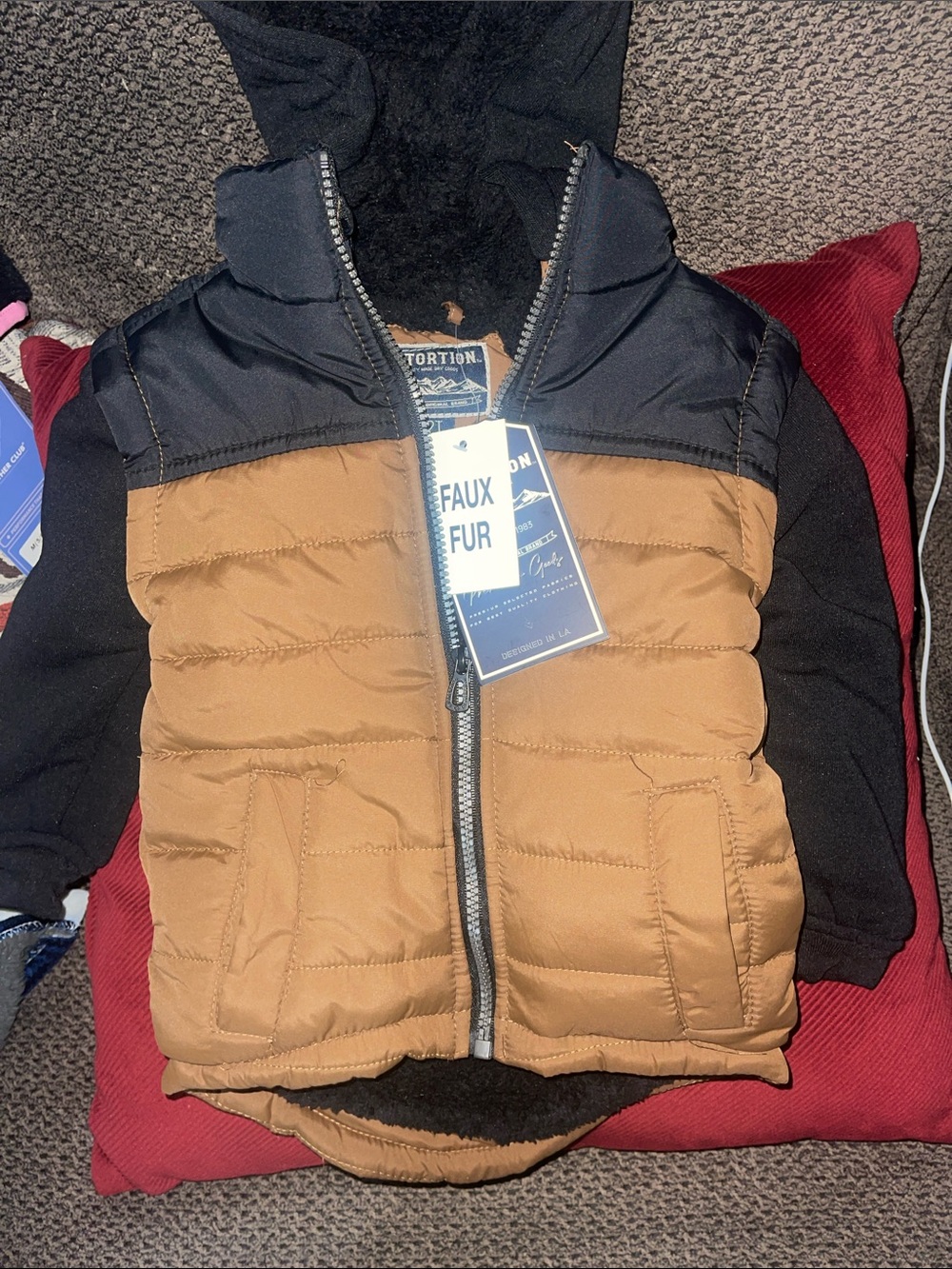 Kids Faux Fur-Lined Puffer Jacket - Brown & Black